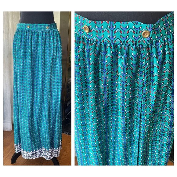 Vintage 80s wrap skirt, teal and blue, maxi, ankle length, Oleg Cassini, 2/4 - Picture 2 of 8